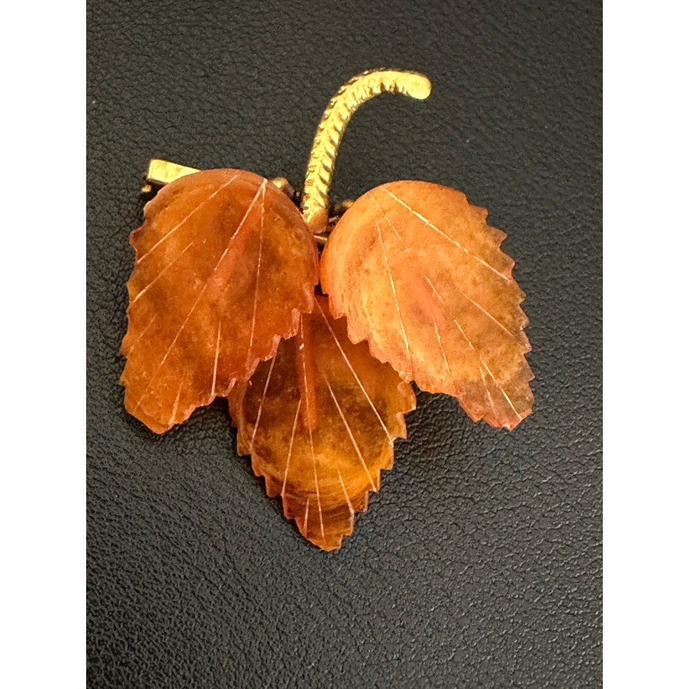 Vintage Amber Brooch Leaf Gold Tone Fall